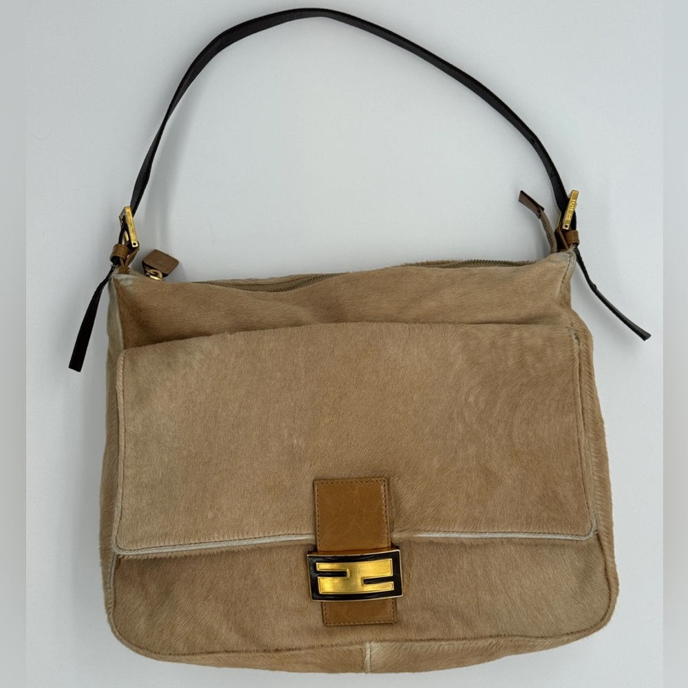 Fendi Mamma Baguette Shoulder Bag Zucca FF Logo Tan Pony-Style Calfskin